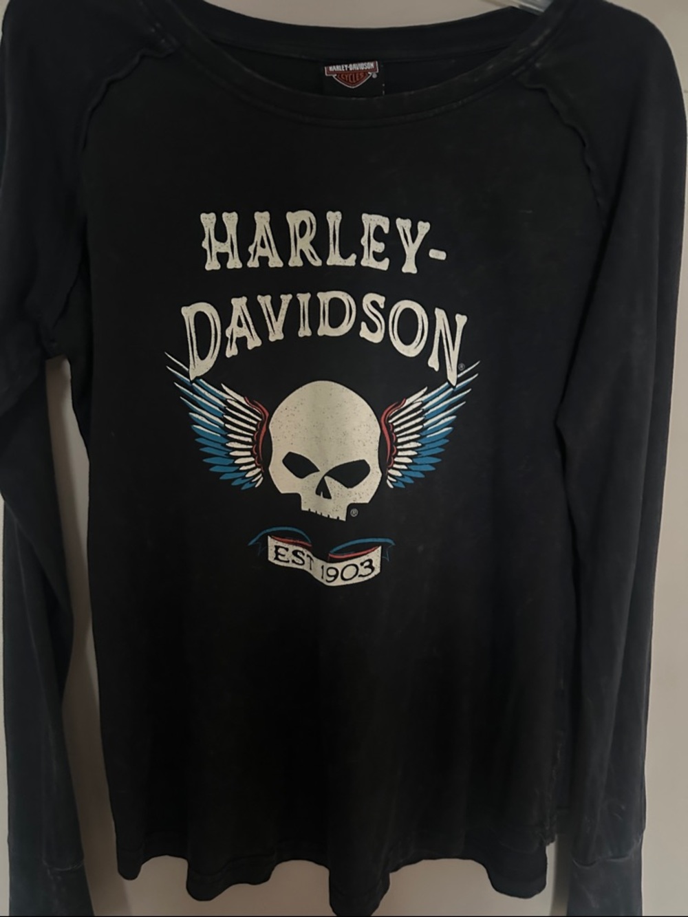 Harley-Davidson Black Long Sleeve Tee with Winged Skull and Banner